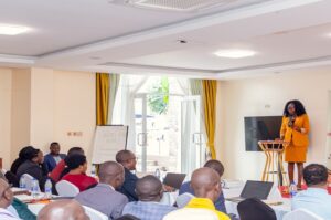 Minister Anite while speaking to local leaders during the budget consultative meeting in Arua on Thursday. COURTESY PHOTO