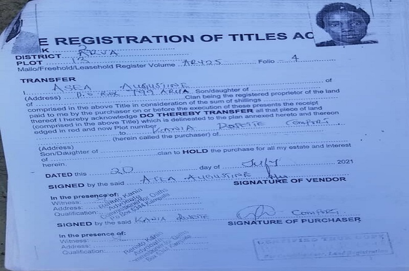 A copy of transfer of the contested land tittle from Asea Augustine to Justice Rosette Comfort Kania