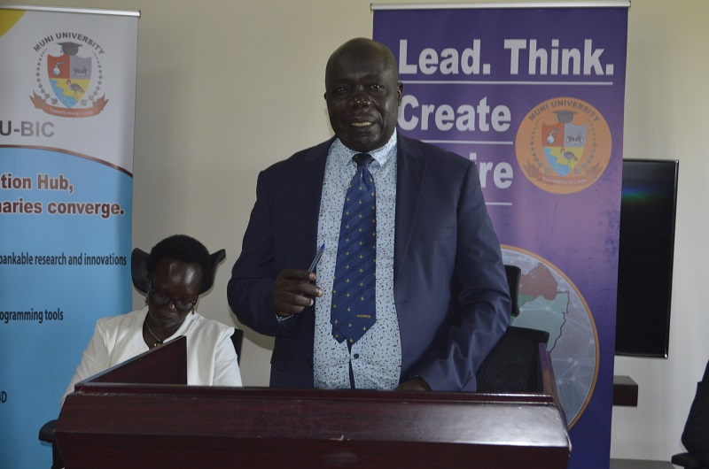 Assoc. Prof. Simon Anguma Katrini while speaking to journalists at the University main campus on Monday