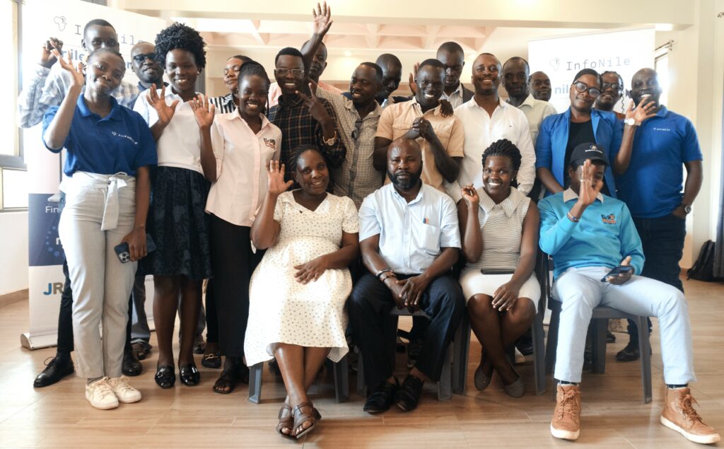 InfoNile staff and journalisyts share a light moment after completing the first phase of the training in Arua Cit on Wednesday