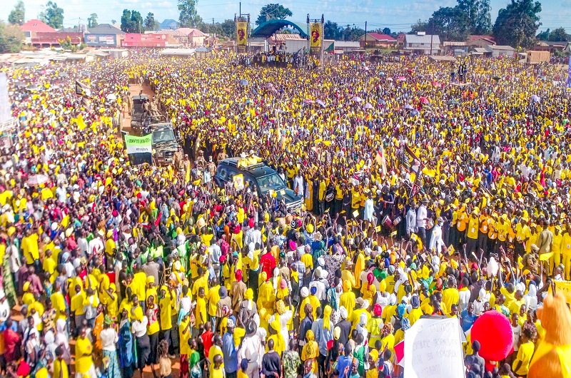 President Museveni and the First Lady, Janet Museveni being received by thousands of locals in Koboko district on Tuesday