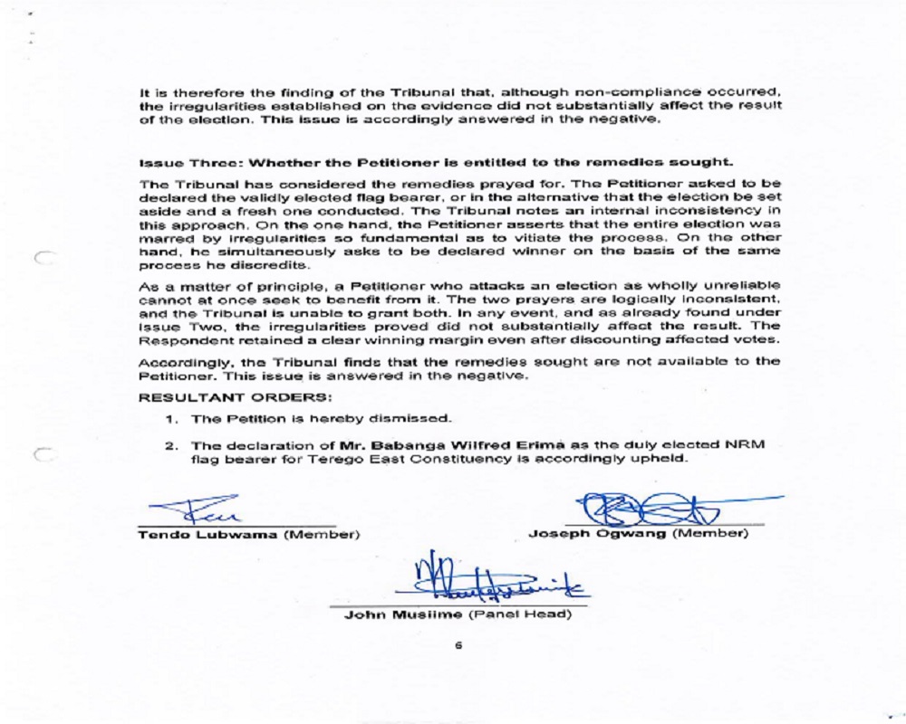 Part of the NRM Tribunal ruling against Minister Kania