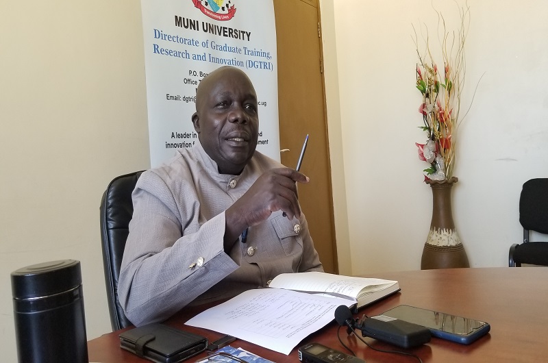 Muni University Vice Chancellor, Assoc. Prof. Simon Katrini Anguma addressing journalists during a recent press conference at the campus