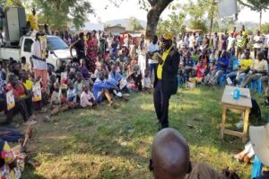 Aridru while delivering his campaign message to the people of Ringili parish on Wednesday. Photo Credit, Andrew Cohen Amvesi