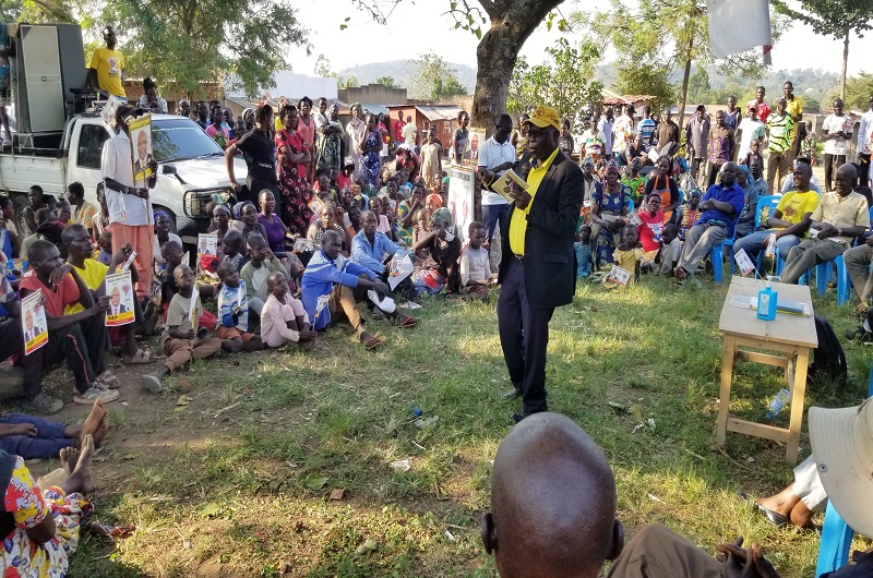 Aridru while delivering his campaign message to the people of Ringili parish on Wednesday. Photo Credit, Andrew Cohen Amvesi