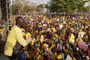 MP Atima speaking to his supporters at the OPM ground in Arua Central Division on Monday. Photo Credit, Andrew Cohen Amvesi