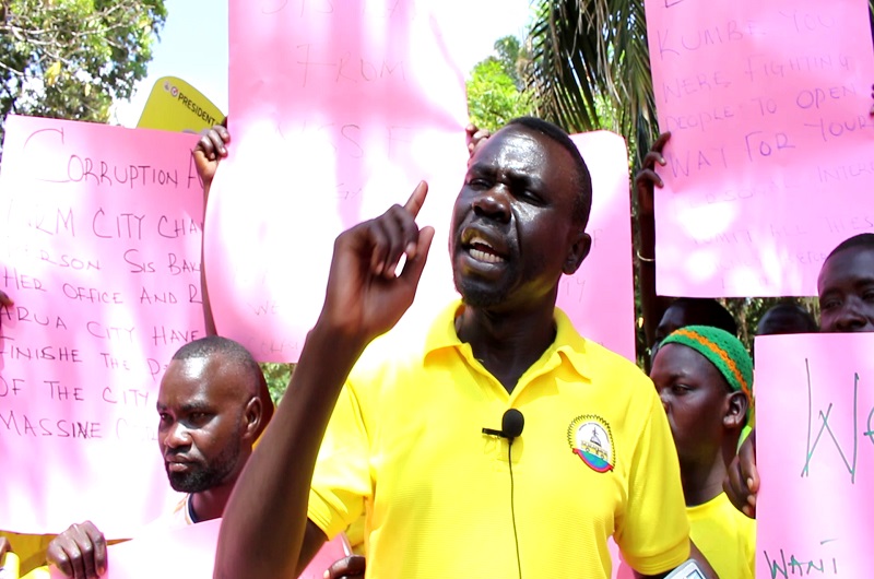 Denis Droti stressing a point during the protest on Tuesday
