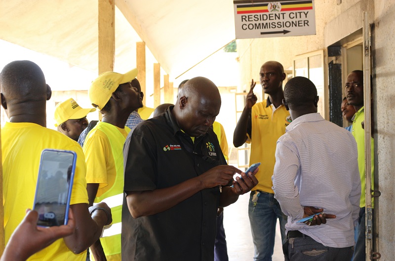 Kube joins other aggrieved NRM members and Boda Boda leaders at Arua RCC's office during the protest over the alleged missing NRM funds