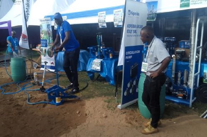 Tech vendors display some of the low cost irrigation equipment for farmers. Photo Credit; Richard Drasimaku