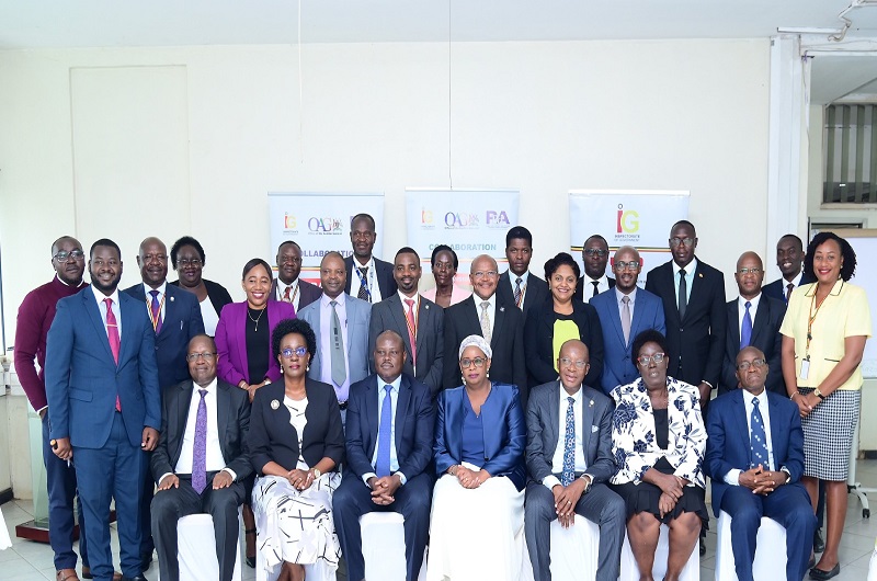 Mr. Benson Turamye, IGG Lady Justice Naluzze Aisha Batala, Mr. Edward Akol, Mrs. Anne Twinomugisha Muhairwe and Mrs. Rose Kafeero (seated), and other staff from IG, PPDA an