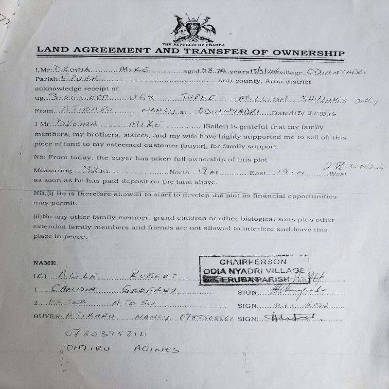 The first land sale agreement between Droma Mike and Atibaru Nancy