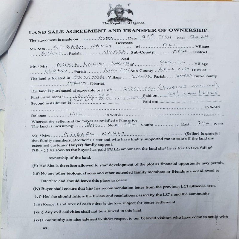 The second land sale agreement between Atibaru Nancy and Asikia Daniel Anguyo.