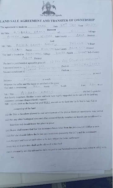 The second land sale agreement between Atibaru Nancy and Asikia Daniel Anguyo.