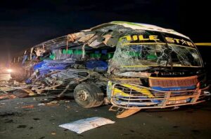 The wreckage of the Nile Star Bus which was involved in the terrible accident along Pakwach-Karuma road. Courtesy Photo