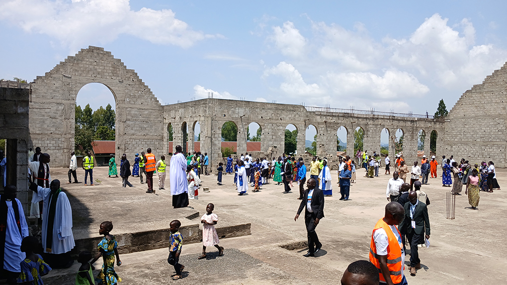Congregation praying inside the sanctuary during the thanksgiving service to launch the roofing phase on Saturday