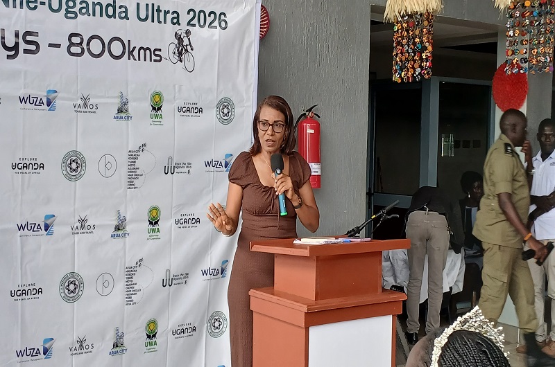Lilly Ajarova, the Senior Presidential Advisor on Tourism while addressing the audience on Race The Nile. Photo Credit; Benjamin Matata