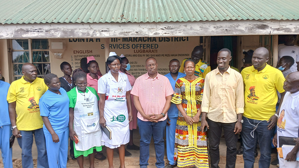 Minister Balaam with MPs and staff at questioned Loinya Health Centre III. Photo by Matata Benzamin
