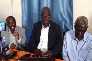 The Lugbara Kari leaders during press briefing, comprising the Speaker, Rev. Yiki (L), the deputy Prime Minister, Prof. Ngaka (C) and the Clerk to Council (R)