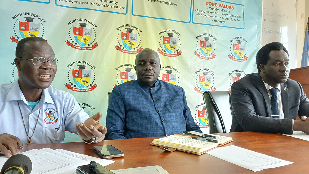 The Muni Univesrity Administration team addressing the press on Wednesday ahead of the Groundbreaking scheduled for Friday. Photo by Matata Benzamin