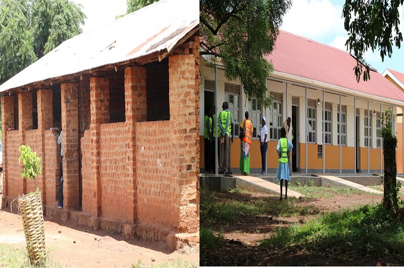 A photomontage of the old and new classroom blocks at Odike Primary School in Oyam district